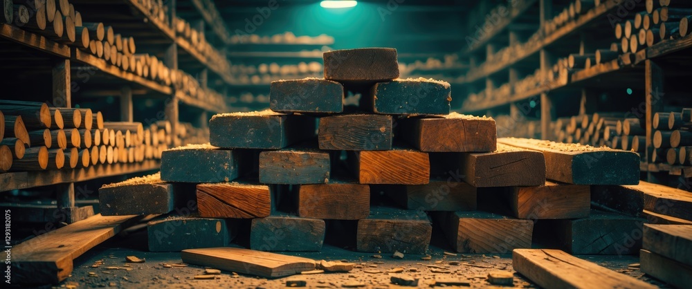 Poster stacked wooden logs in a rustic storage area with shelves illuminated by soft light creating an indu