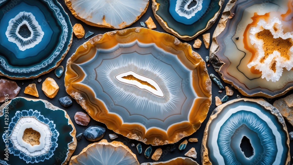 Aufkleber translucent agate stone slices showcasing natural patterns and vibrant colors, creating an artistic 