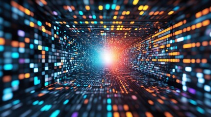 Obraz premium Abstract Digital Glitch Background with Colorful Pixelated Noise and Light Effects in Dynamic Tunnel Design