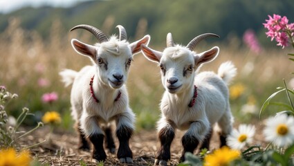 Obraz premium Playful Young Goats Exploring a Colorful Meadow Filled with Wildflowers in Bright Natural Light