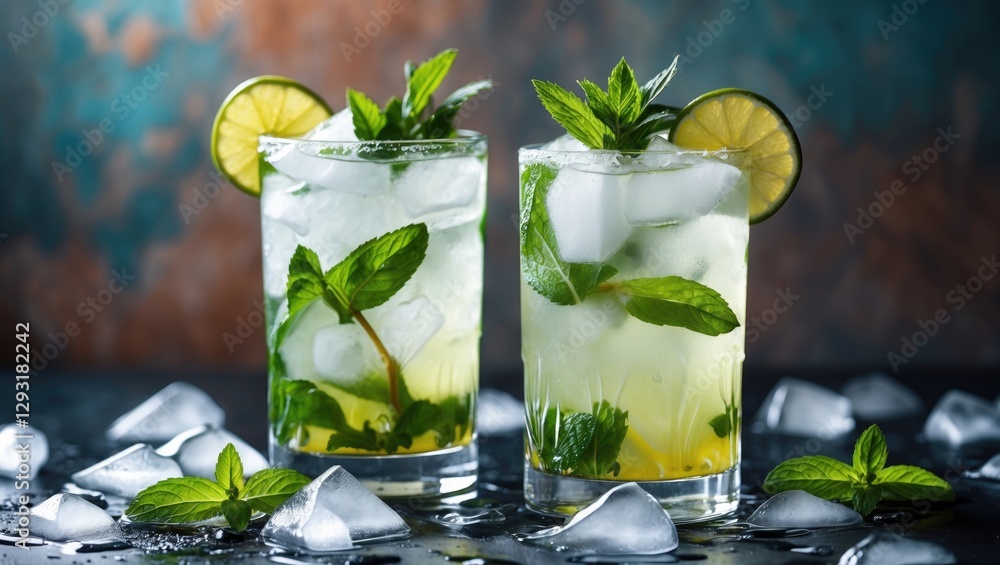 Poster refreshing mojito cocktails with ice and mint on a dark surface against a textured background with s