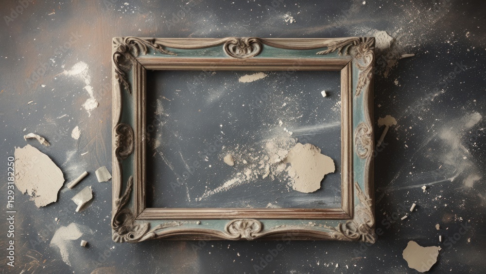Poster antique picture frame on a textured background with chalk dust and remnants creating an artistic, ru