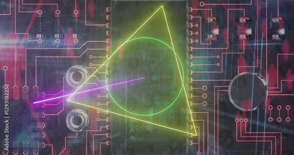 Poster image of neon scope, digital data processing over computer circuit board