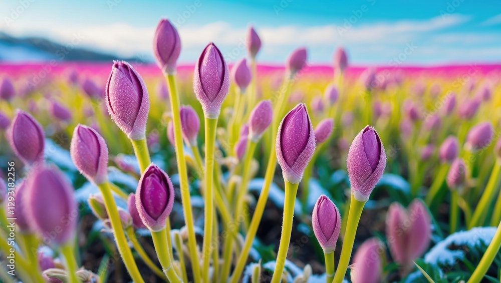 Poster spring blooming buds of rapeseed with a colorful background and space for text or messaging