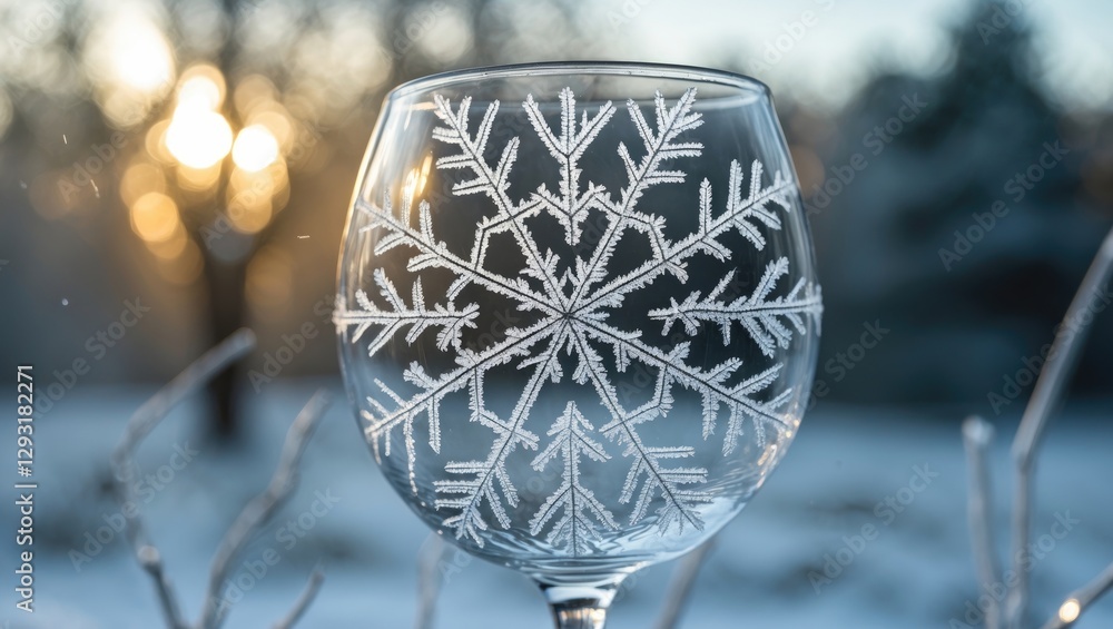 Poster frosted glass with intricate snowflake pattern illuminated by soft sunlight in a serene winter lands