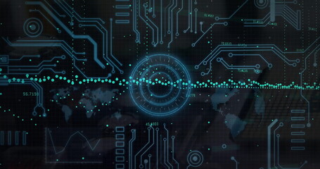 Image of digital data processing over computer circuit board