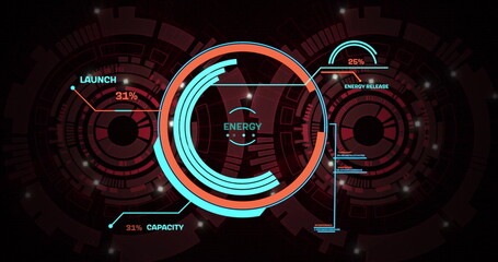 Image of energy, launch interface processing over circular scanners on dark background