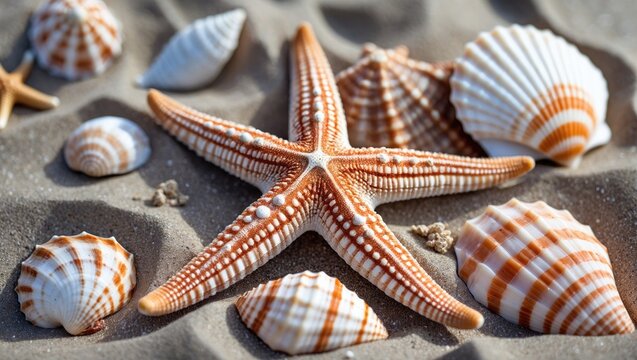 Close-up of a starfish and various seashells arranged on sandy beach background showcasing ocean textures and colors. - Powered by Adobe