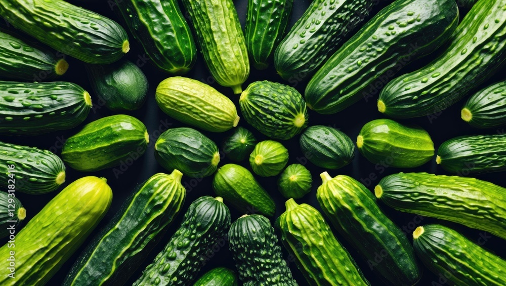Poster fresh diverse cucumbers displayed in a kaleidoscopic arrangement on a dark background