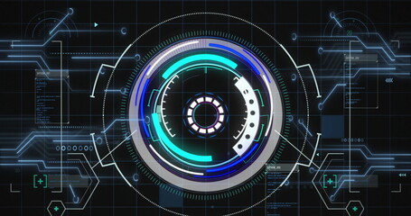 Image of scope scanning and data processing over computer circuit board on black background
