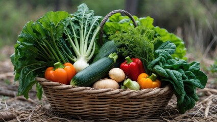 Fresh Organic Vegetables in a Rustic Basket Surrounded by Nature's Greenery