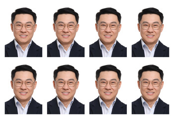 Photo of man for passport or other document on white background, set