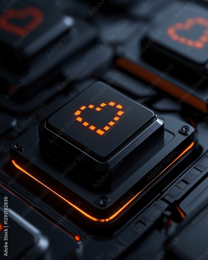 Poster close-up of a keyboard key illuminated with a heart symbol, embodying affection in tech.