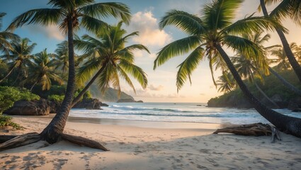 Fototapeta premium Tropical Beach Scene with Palm Trees and Serene Ocean View at Sunset