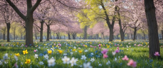 Obraz premium Vibrant Spring Park Landscape with Blossoming Flowers and Lush Green Grass Ideal for Text Overlay