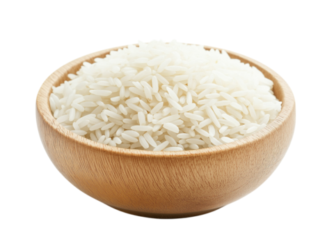 Rice in wooden bowl, isolated on white background, full depth of field