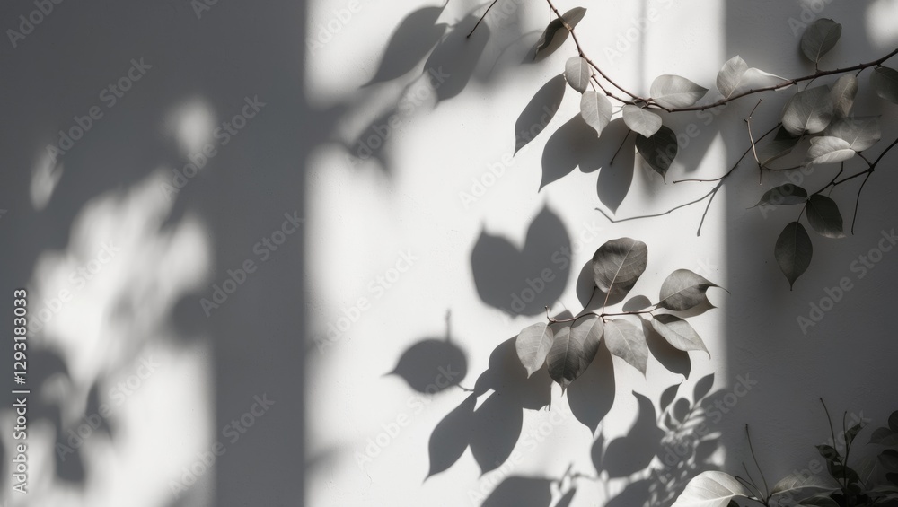 Poster gray shadows of leaves cast on a white wall creating an abstract nature concept with dappled light a