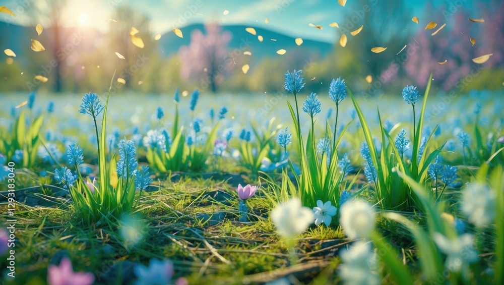 Poster vibrant spring meadow with colorful flowers and lush grass offering ample empty space for text or gr