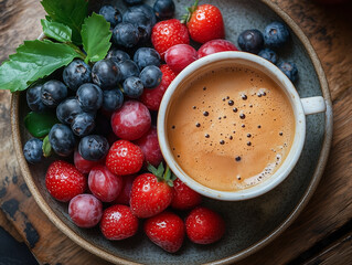 Food photo: freshly made breakfast with berries on the table, crisp and colorful.
