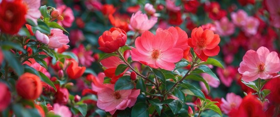 Vibrant closeup of blooming pink and red flowers surrounded by lush green leaves in a picturesque garden setting during spring or summer.