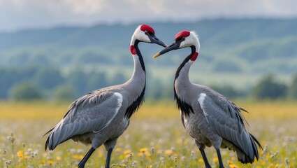 Obraz premium Cranes Bonding in Summer Meadow Representing Youth and Maturity with Lush Greenery and Daisies in a Serene Natural Landscape