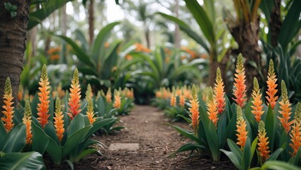 Obraz premium Vibrant Tropical Spring Garden with Colorful Flowers and Lush Greenery Featuring Space for Text or Branding Elements