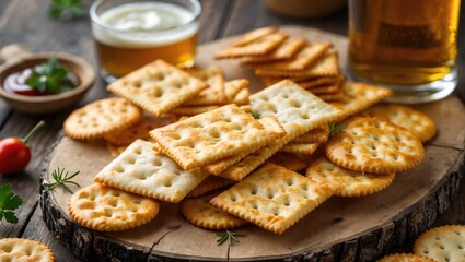Crackers and dipping sauce arranged on a wooden board next to glasses of beer creating a perfect snack scene for gatherings.