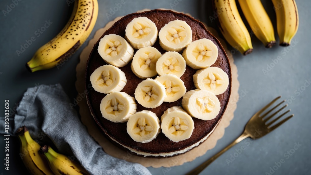 Aufkleber banana cake with sliced bananas on top surrounded by fresh bananas and empty space for text