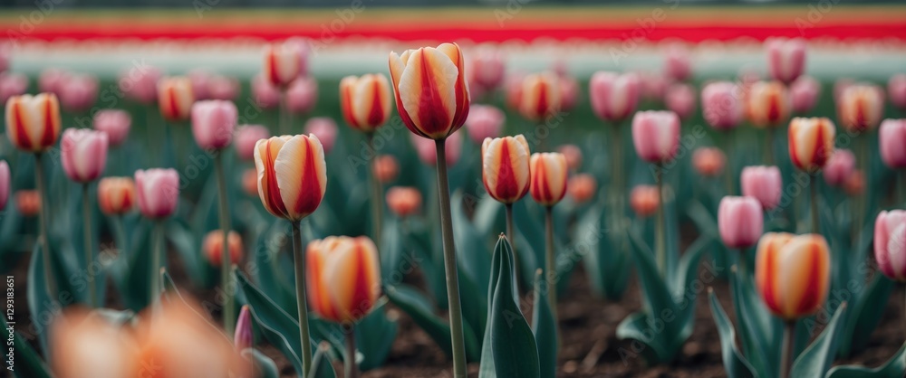 Poster vibrant tulip field with selective focus highlighting a single tulip against a colorful background o
