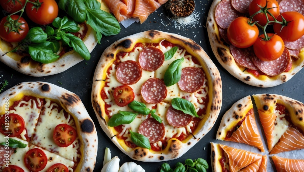 Aufkleber assorted delicious homemade pizzas with fresh ingredients and empty space for text in top view arran