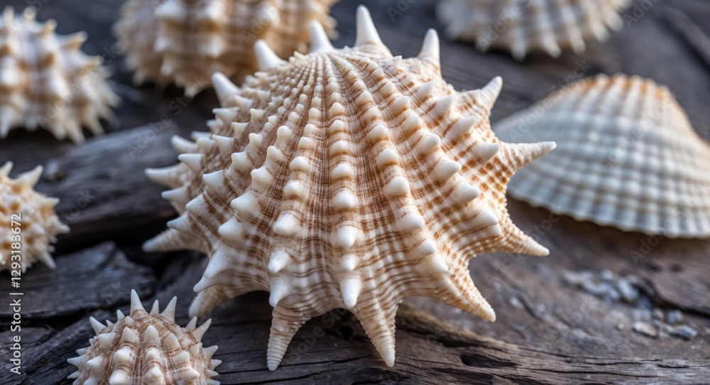 Poster spiky sea shell on rustic wood with blank space for text display or caption