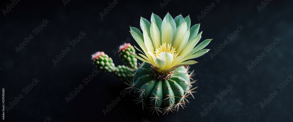 Poster blooming cactus flower on dark background with soft focus and space for text layout