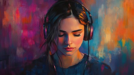 Serene Young Woman Listening to Music in Colorful Abstract Painting