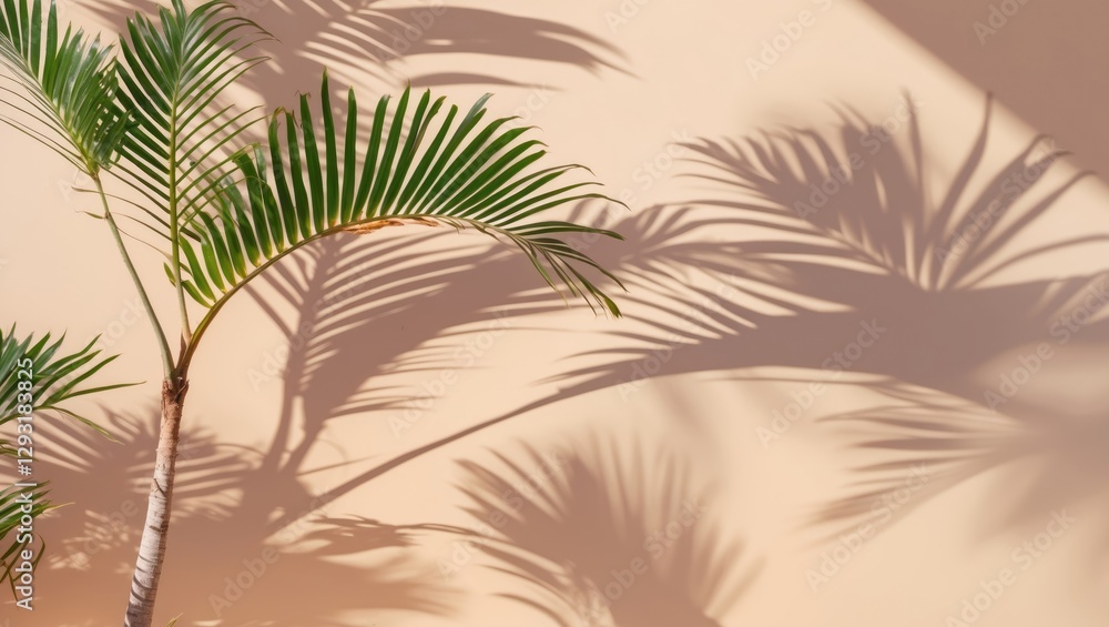 Poster tropical palm leaves casting shadows on a pastel beige background creating a serene and minimalistic