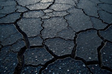 Fototapeta premium Dark Cracked Earth Surface Texture A Detailed Close-Up Showing the Irregular Polygonal Pattern of a Dry, Parched Ground