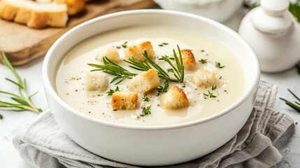 Creamy Soup Bowl with Croutons and Fresh Herbs on Table