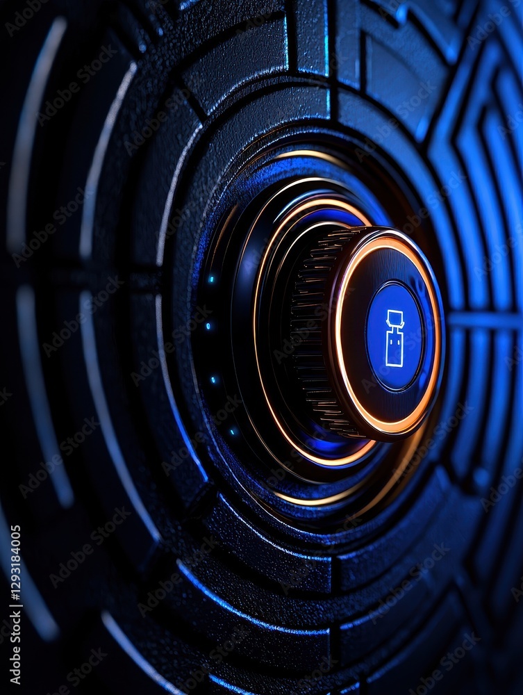 Poster close-up of a modern digital device with intricate designs and glowing features.