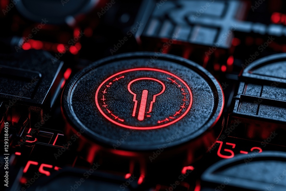 Poster close-up of a modern digital key symbol highlighted in red against a dark background.