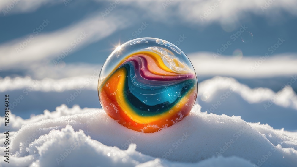 Poster colorful soap bubble resting on pristine snow with intricate patterns reflecting light in a wintry l