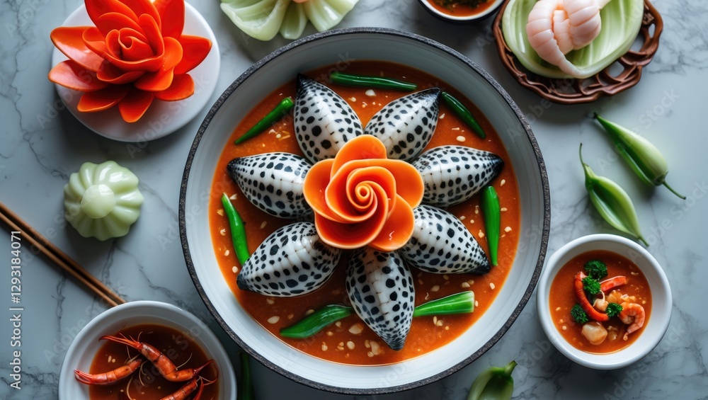 Poster steamed spotted babylon shellfish dish with spicy sauce and vegetable garnish on marble surface top 
