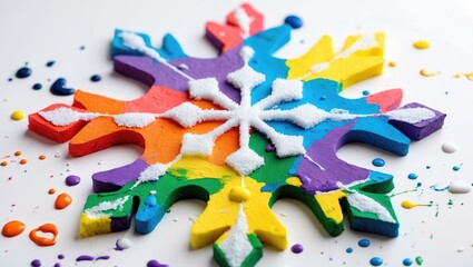 Colorful foam snowflake painted in vibrant rainbow hues, showcasing creative children's craft activities on a white background.