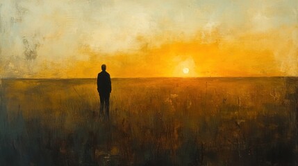 Fototapeta premium Silhouette of a Man in a Field at Sunset