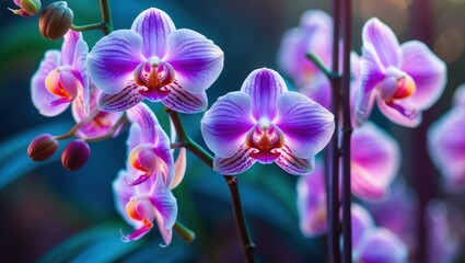 Elegant soft-focus orchid flowers in natural setting with vibrant hues for serene background or floral design inspiration.