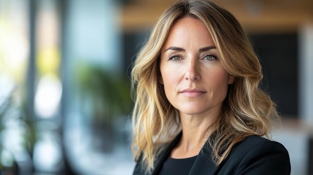 Confident businesswoman in a modern office, embodying professionalism and leadership.