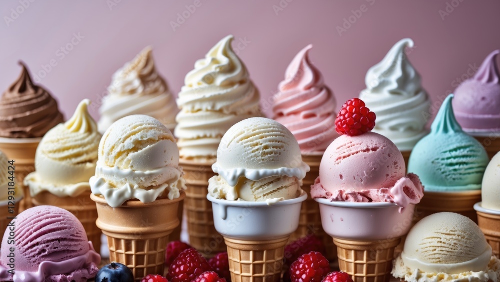 Poster colorful assortment of ice cream cones with empty space for custom text in a bright background