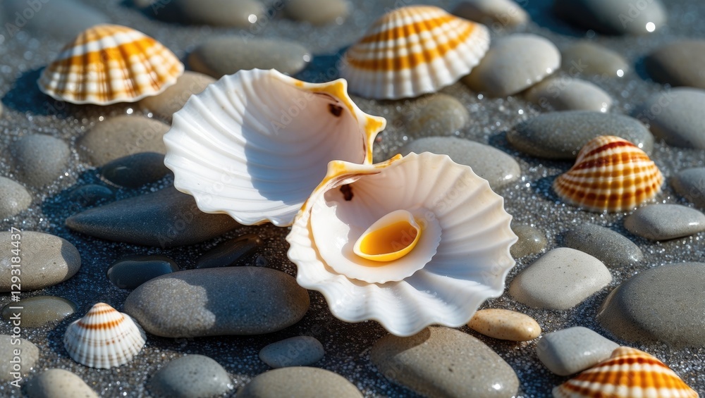 Aufkleber tropical seashells arranged on smooth pebbles with shimmering water and blank space for text or desi