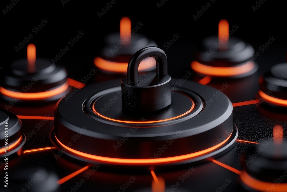 Poster close-up of a modern security lock surrounded by glowing control buttons on a dark background.