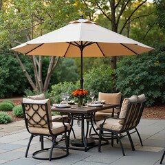 Outdoor dining area in a garden setting.
