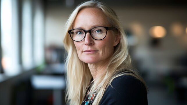 Confident businesswoman in a modern office, embodying professionalism and leadership.