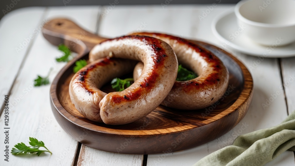 Aufkleber cooked sausages arranged in a swirl on a wooden platter with fresh herbs and empty space for text on